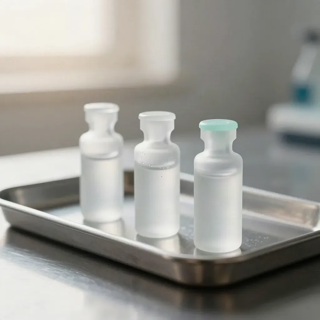 Frosted lab vials beside an aluminium tray on a cool stainless bench.