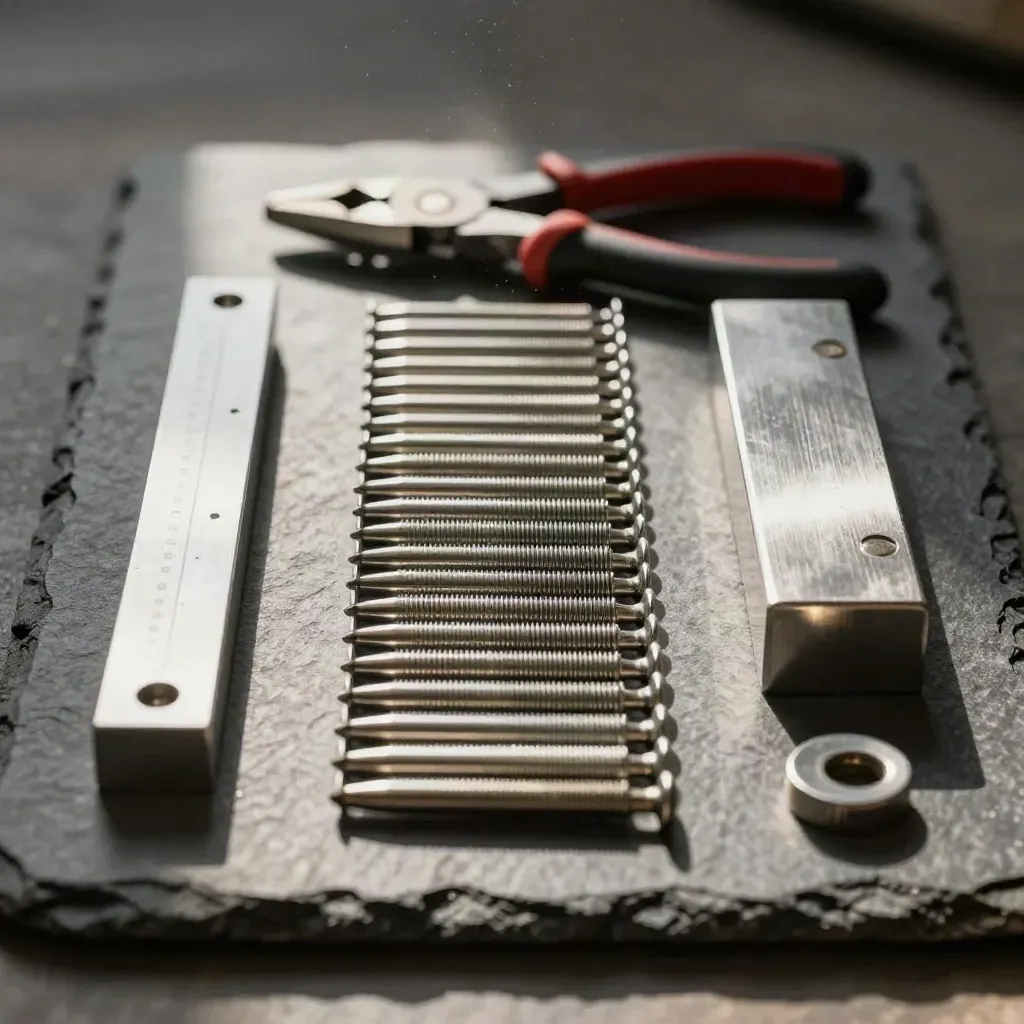 Titanium fasteners, safety-wire pliers, and an inspection block on dark stone