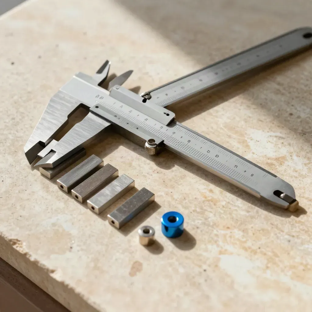 Top-down caliper, stacked gauge blocks and steel spacers on warm stone with electric blue accent.