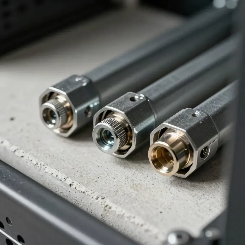 Server cage rails and precision connectors on pale concrete, ready to mount.