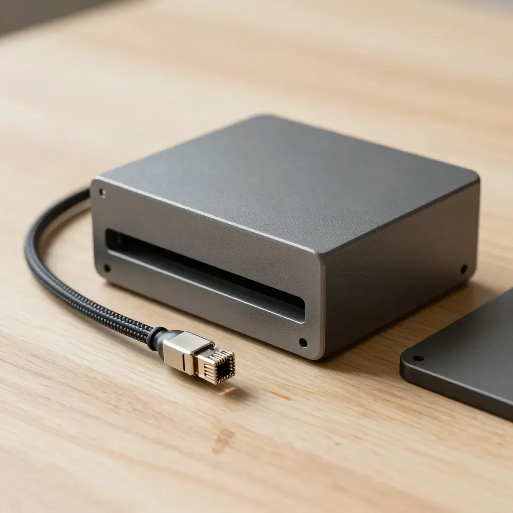 Mini-PC chassis, braided ethernet lead and SSD tray on pale wood under dramatic studio light.