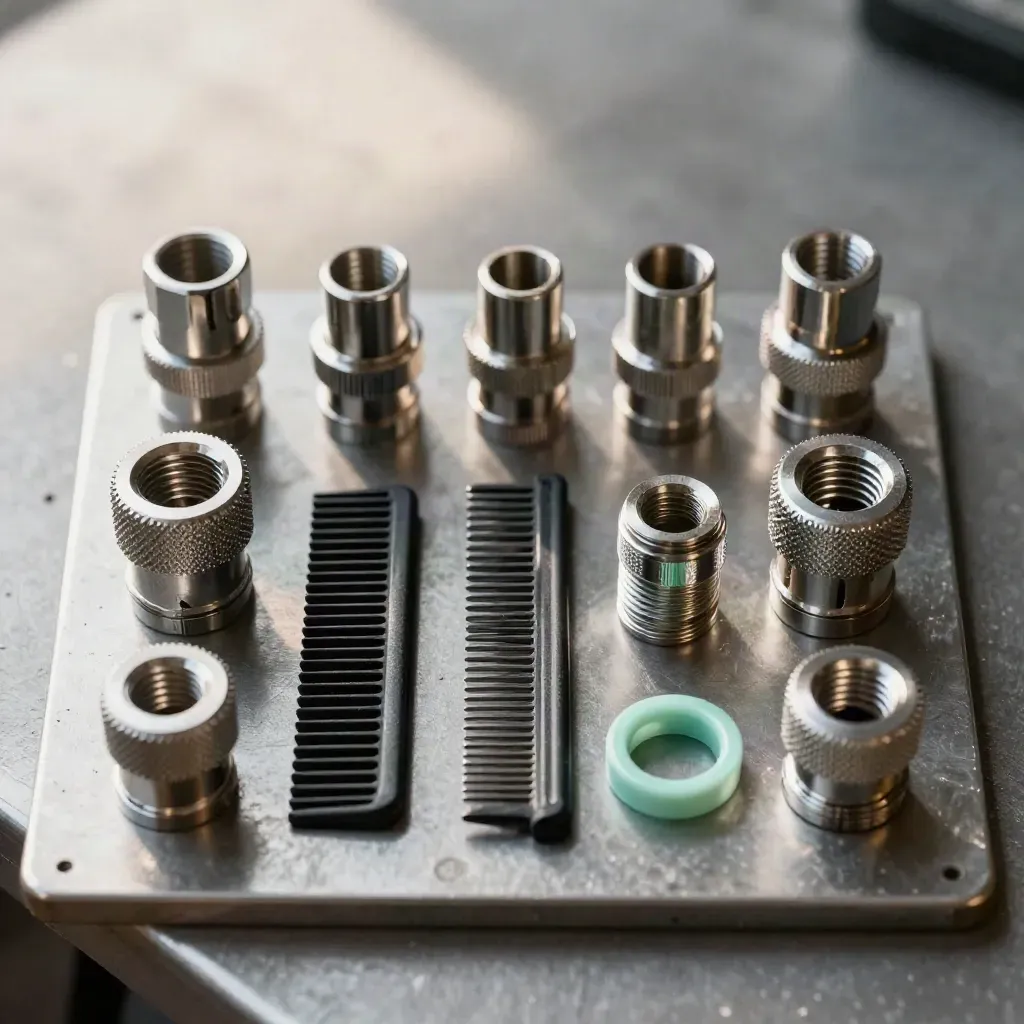 Patch-panel couplers, cable comb and metal glands on dark steel, lit from above