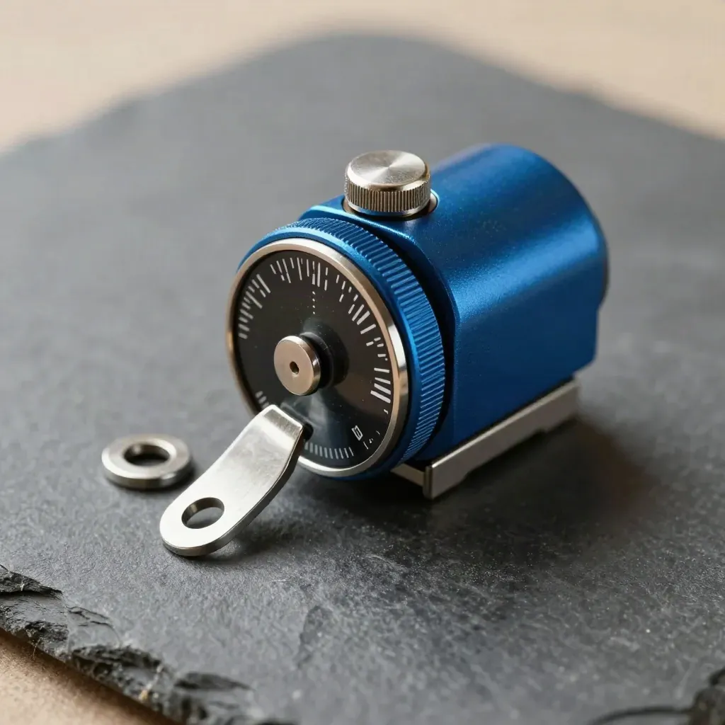 Blue rotary selector switch with latch and cap on matte graphite stone