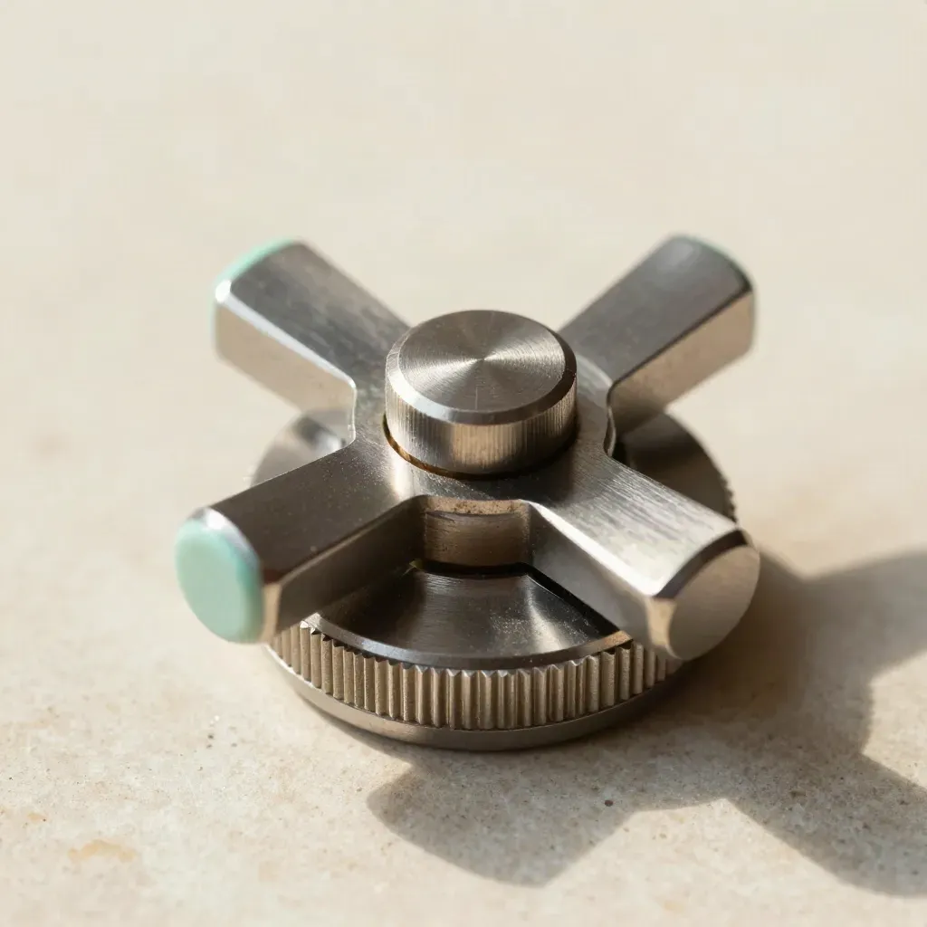 Overhead macro of a three-position rotary selector block with three metal markers on a mineral surface.