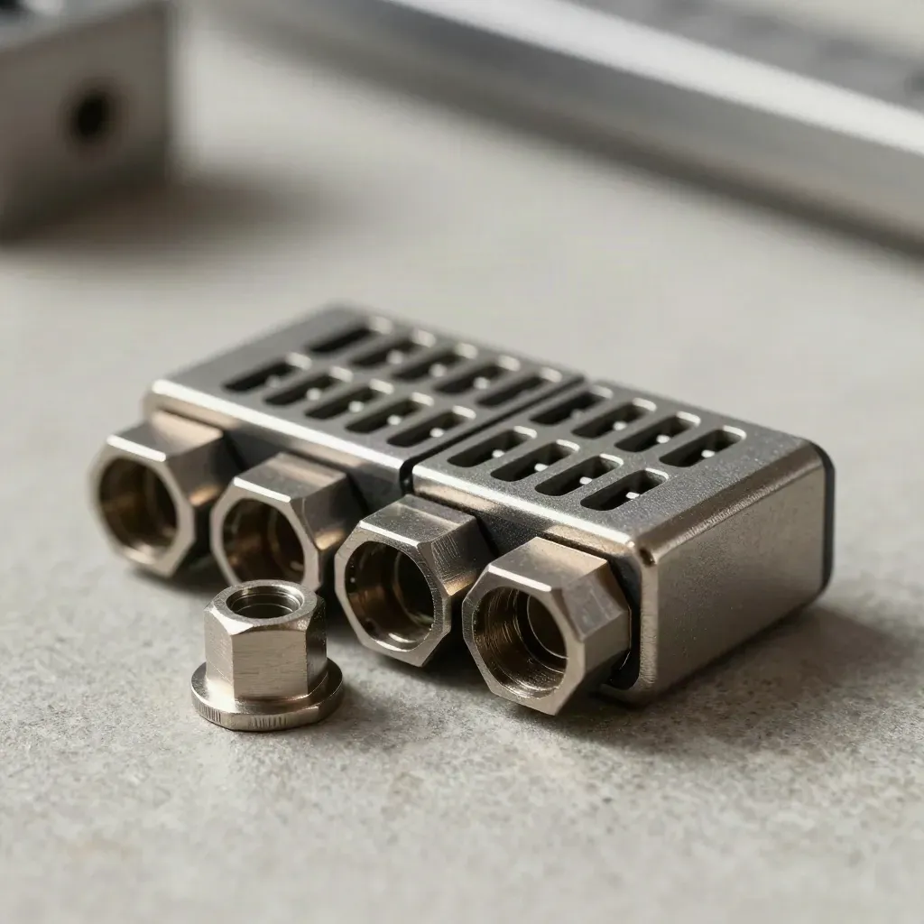 Modular rack connectors, hex standoffs, and cable comb arranged in a precise grid