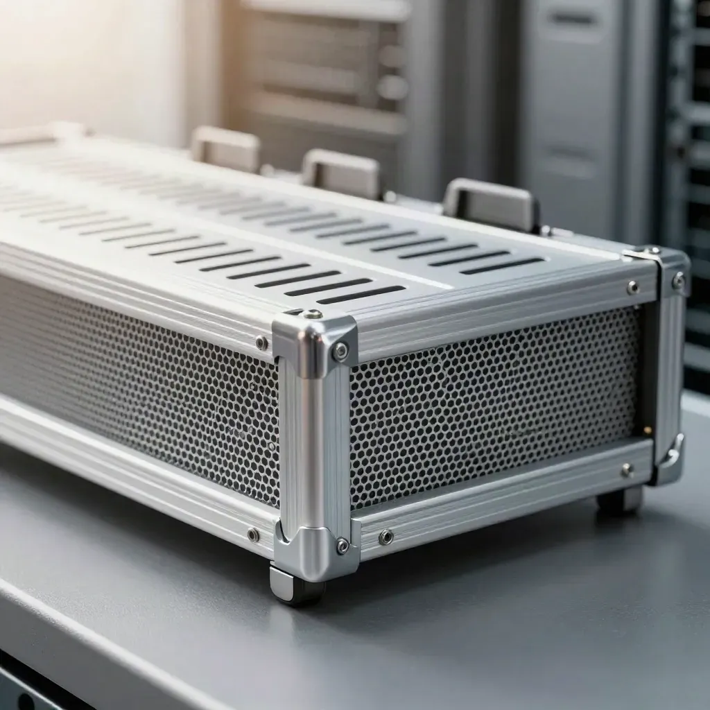 Server sled sliding from an aluminium carrier tray with mesh side panel on a graphite surface.