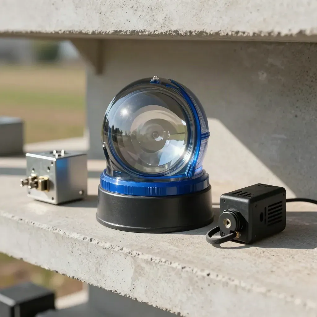 Alarm beacon lens, relay block, and buzzer module on concrete in dramatic macro lighting.