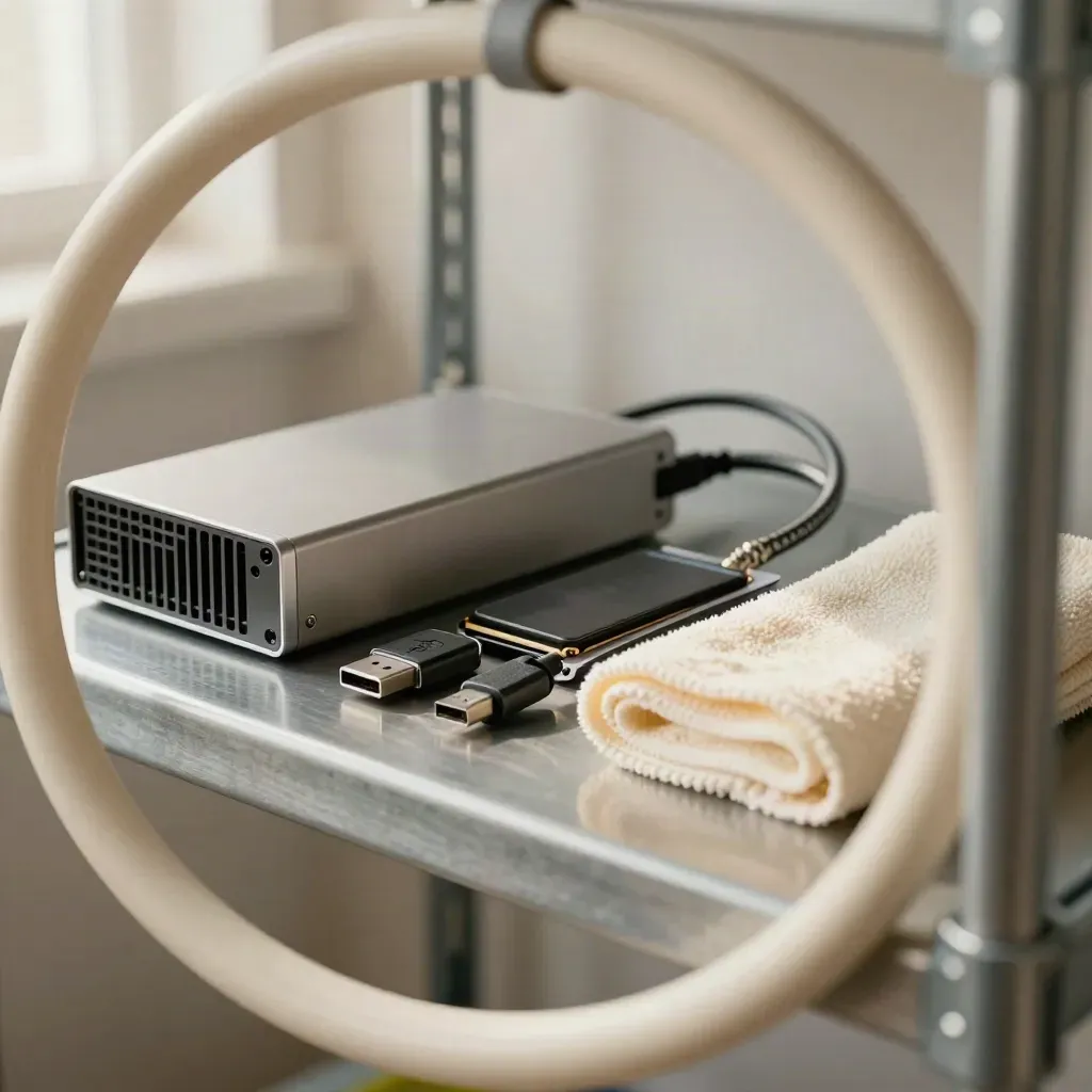 Mini-server deployment kit with SSD, security key and patch lead on a steel shelf
