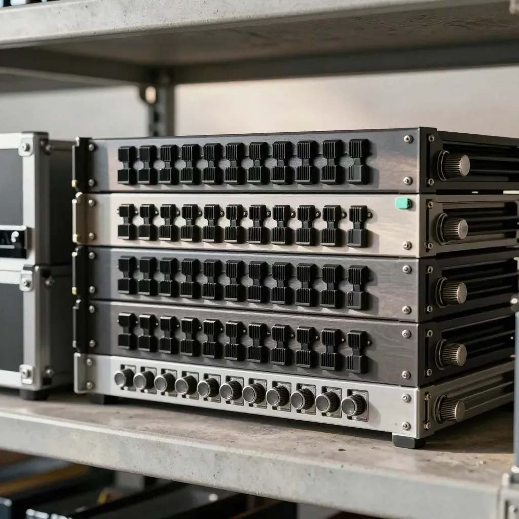 Rack rails, cable combs, and drive caddies seen through a mesh grille in dramatic studio light.