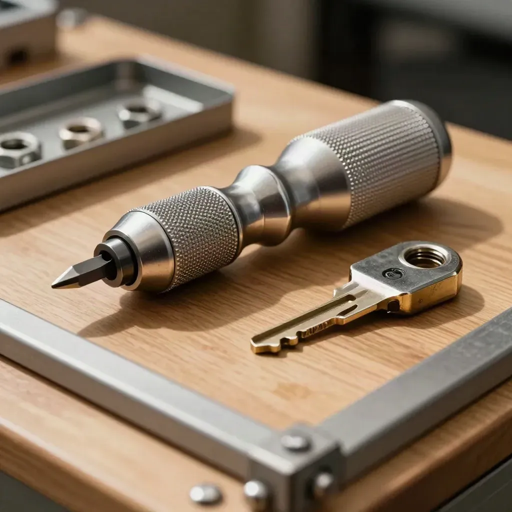 Torque screwdriver, signal beacon lens, and relay key on a bench, seen through a blurred metal bracket.