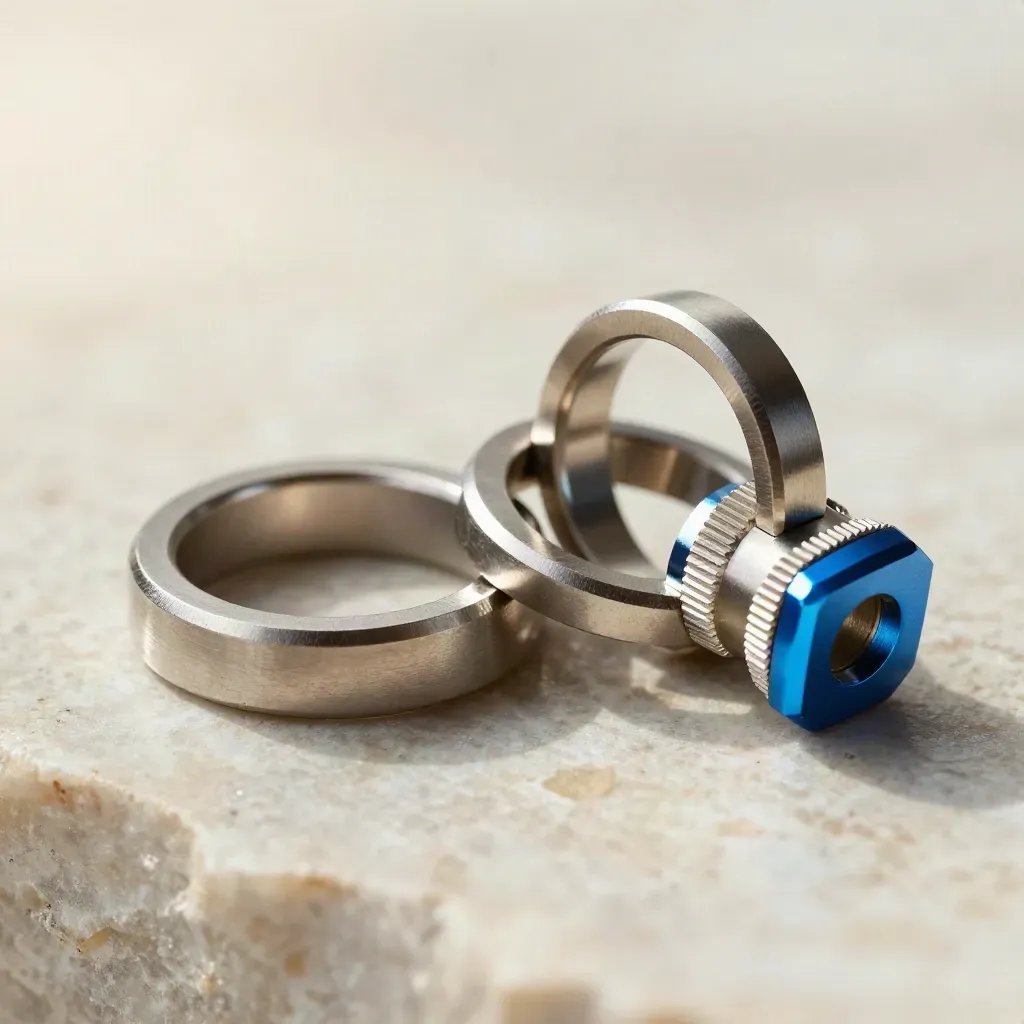 Macro of interlocking metal rings, connector and bridge block on brushed stone with blue accent.