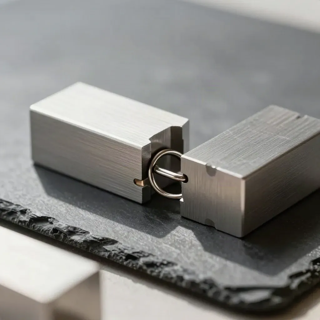 Metal dovetail blocks and a keyring clasp on a graphite surface, lit dramatically in a dark studio.