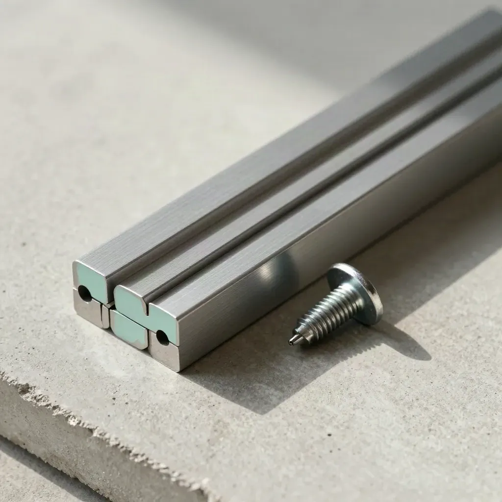 Top-down closeup of stacked aluminium spacers, a standoff and alignment pin on concrete.