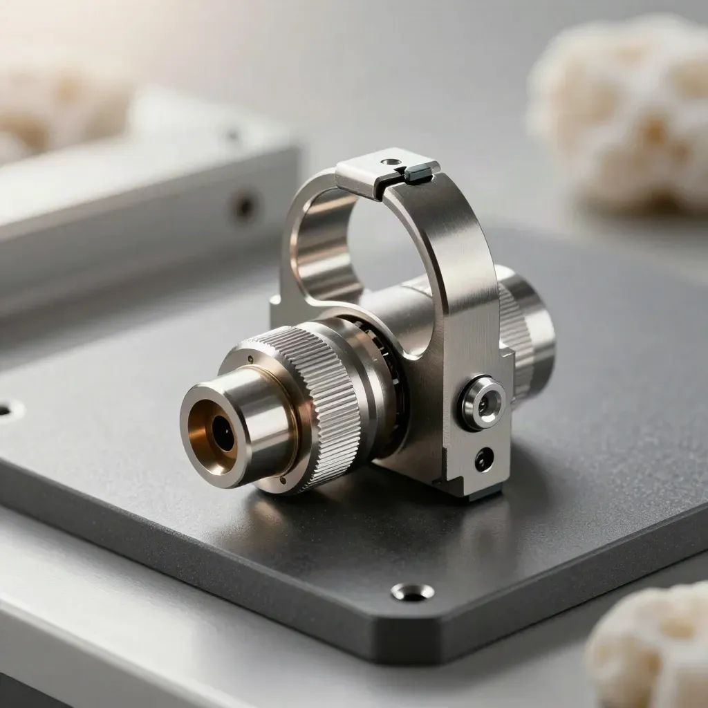 Macro still life of a connector hub, clamp and relay module on graphite metal.